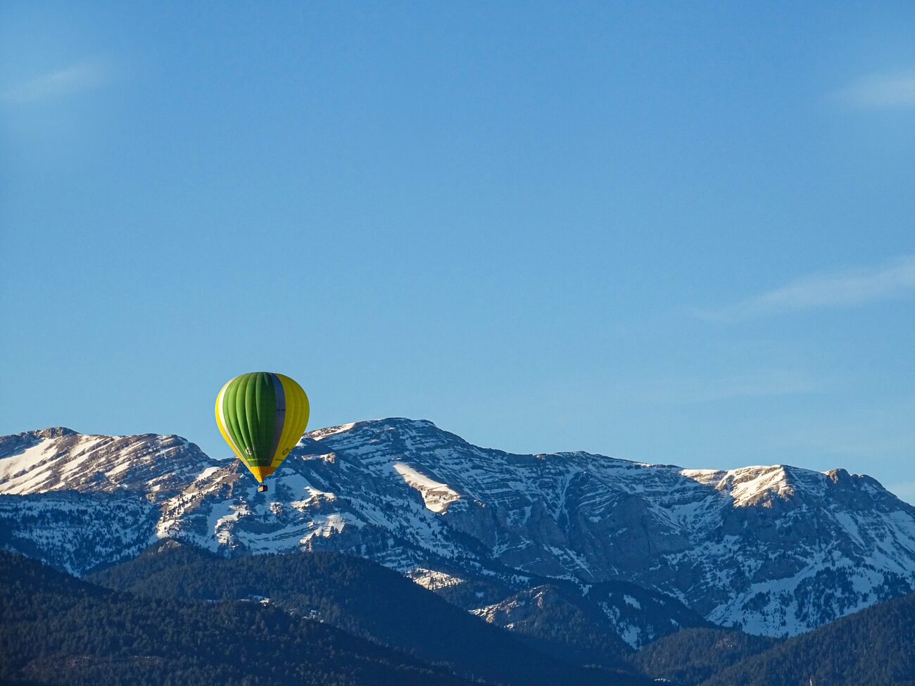 vol en globus sobre la Cerdanya amb els Pirineus al fons